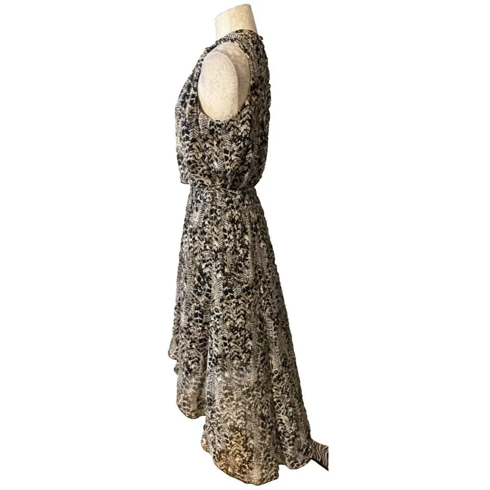 MSK Midi Dress 14 Black Cream Brown Flowy W Tassel Belt Washable Sleeveless